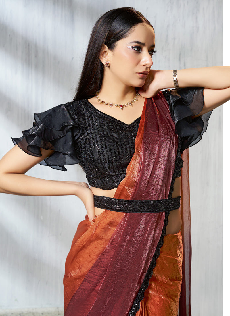 Shaded Rust & Orange Two Tone Satin Silk Designer Ready To Wear Saree