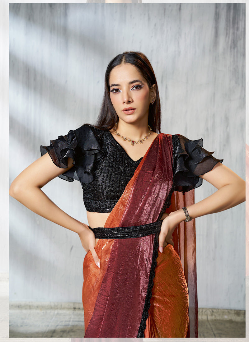 Shaded Rust & Orange Two Tone Satin Silk Designer Ready To Wear Saree