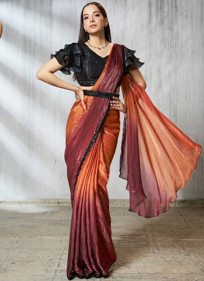 Shaded Rust & Orange Two Tone Satin Silk Designer Ready To Wear Saree