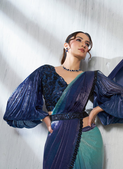 Shaded Sky Blue & Blue Two Tone Satin Silk Designer Ready To Wear Saree