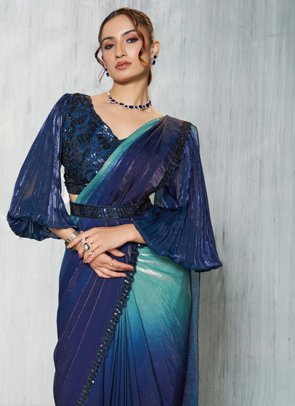 Shaded Sky Blue & Blue Two Tone Satin Silk Designer Ready To Wear Saree
