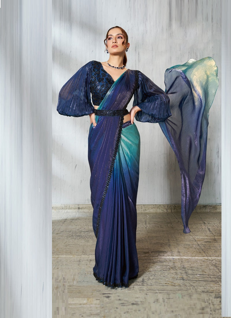 Shaded Sky Blue & Blue Two Tone Satin Silk Designer Ready To Wear Saree