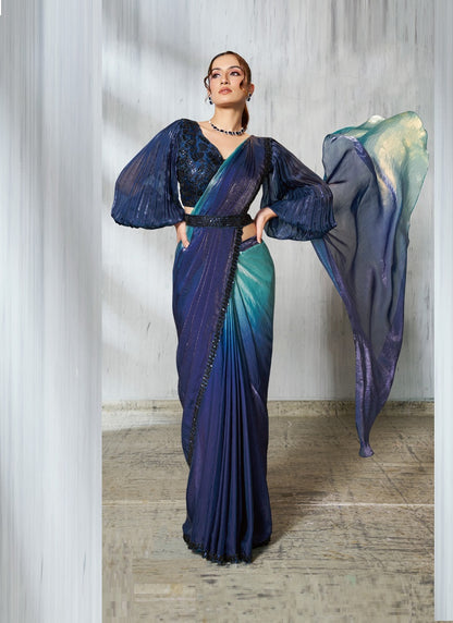 Shaded Sky Blue & Blue Two Tone Satin Silk Designer Ready To Wear Saree