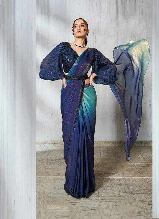 Shaded Sky Blue & Blue Two Tone Satin Silk Designer Ready To Wear Saree