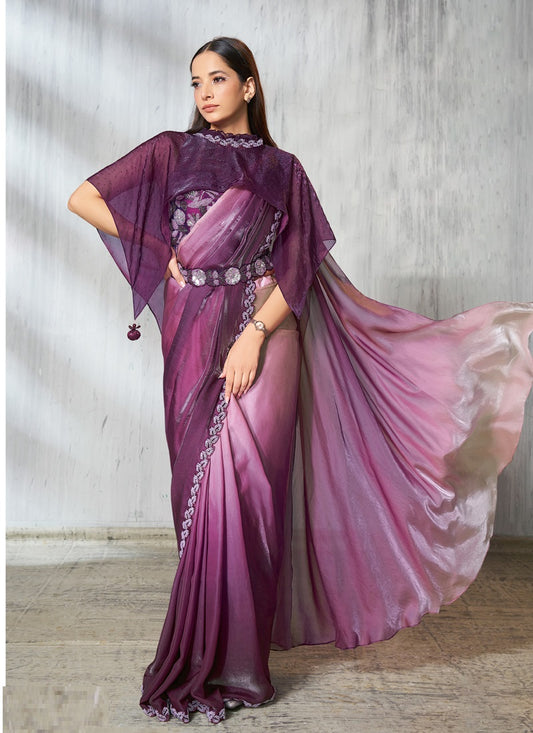 Shaded  Wine Two Tone Satin Silk Designer Ready To Wear Saree