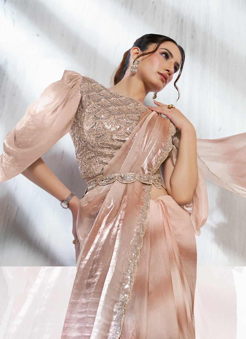 Shaded Leheriya Print Beige & Brown Satin Silk Designer Ready To Wear Saree