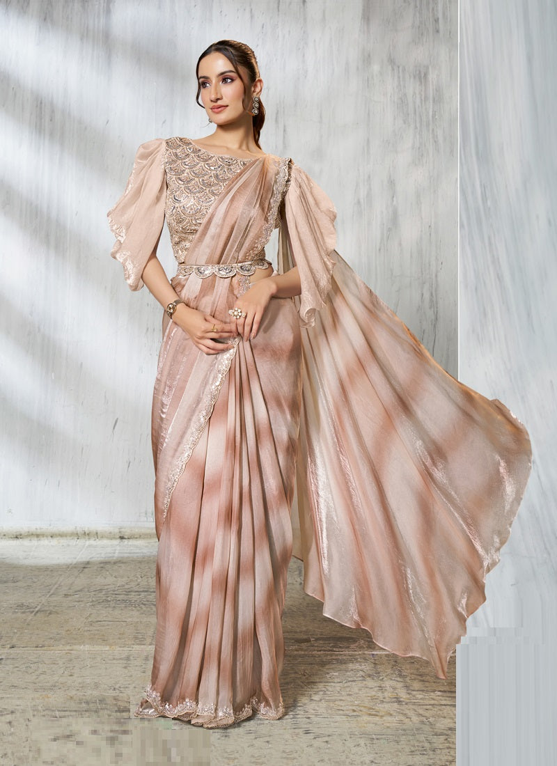 Shaded Leheriya Print Beige & Brown Satin Silk Designer Ready To Wear Saree