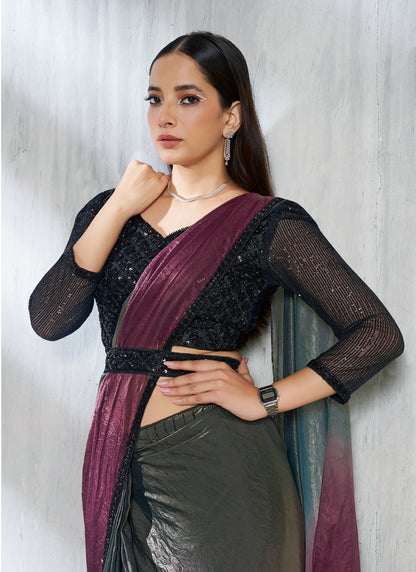 Shaded Gray & Wine Two Tone Satin Silk Designer Ready To Wear  Saree