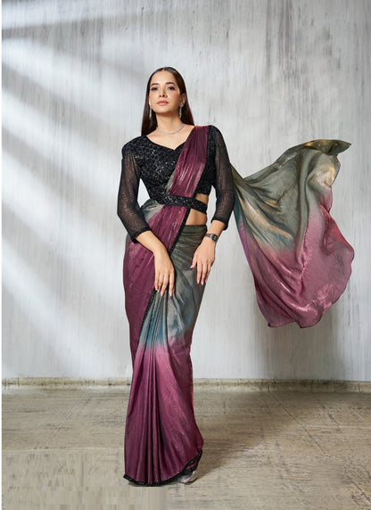 Shaded Gray & Wine Two Tone Satin Silk Designer Ready To Wear  Saree