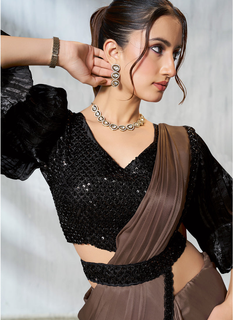 Brown Two Tone Satin Silk Designer Ready To Wear Saree