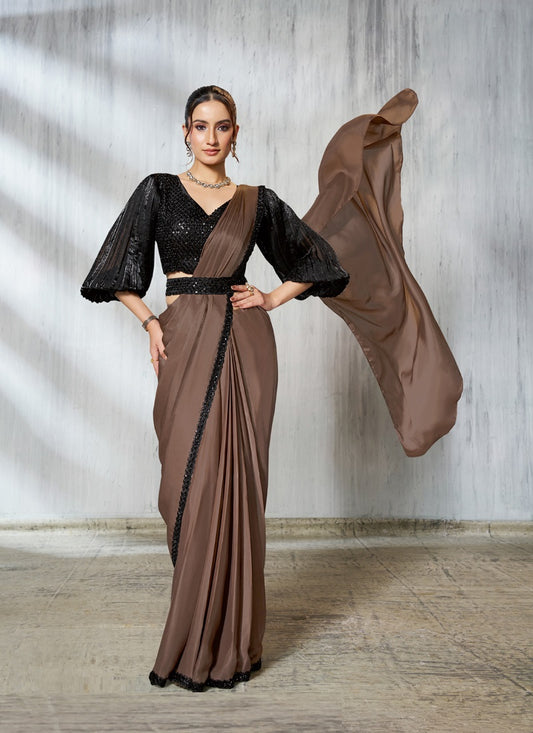 Brown Two Tone Satin Silk Designer Ready To Wear Saree