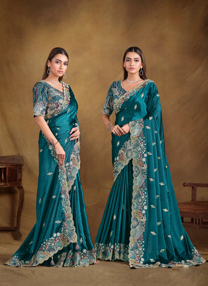Peacock Blue Designer Blouse Beautiful Saree