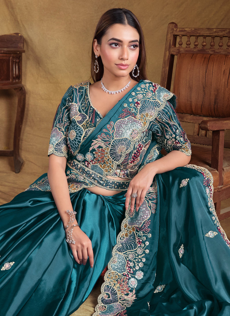 Peacock Blue Designer Blouse Beautiful Saree