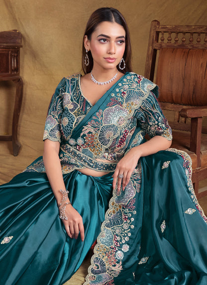 Peacock Blue Designer Blouse Beautiful Saree