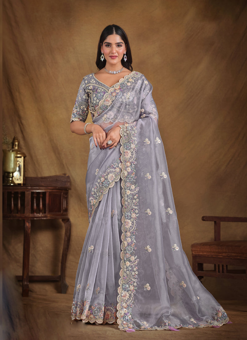 Gray Heavy Designer Blouse Beautiful Saree