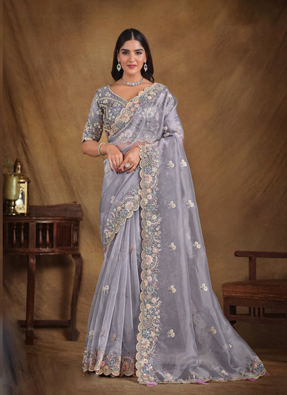 Gray Heavy Designer Blouse Beautiful Saree