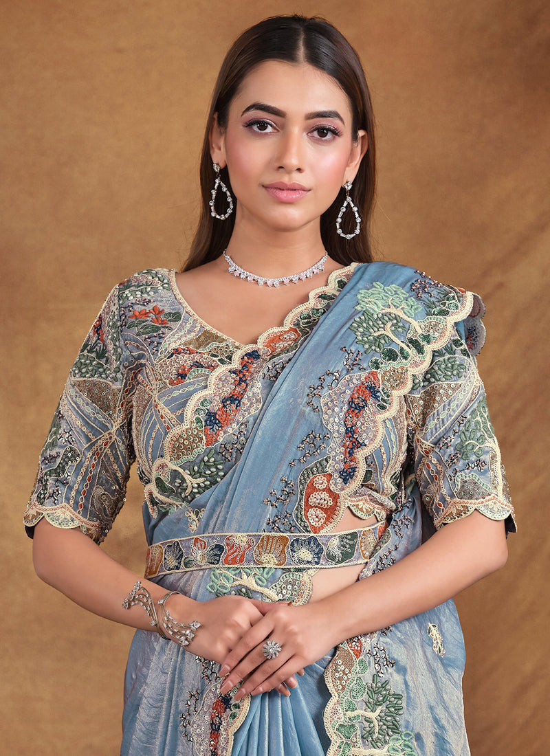 Gray Two Tone Satin Silk Heavy Designer Blouse Beautiful Saree