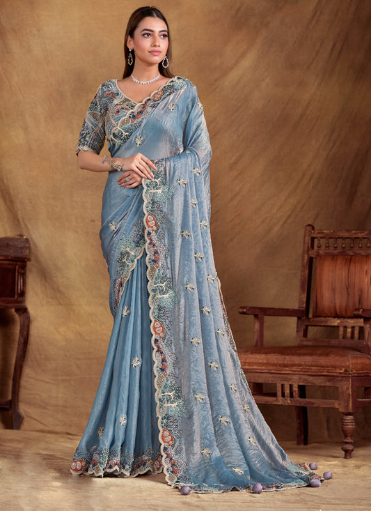 Gray Two Tone Satin Silk Heavy Designer Blouse Beautiful Saree