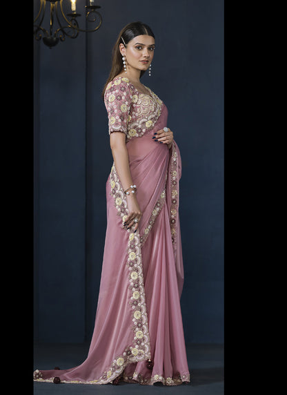 Onion Pink Crape Satin Silk Blouse Party Wear Saree