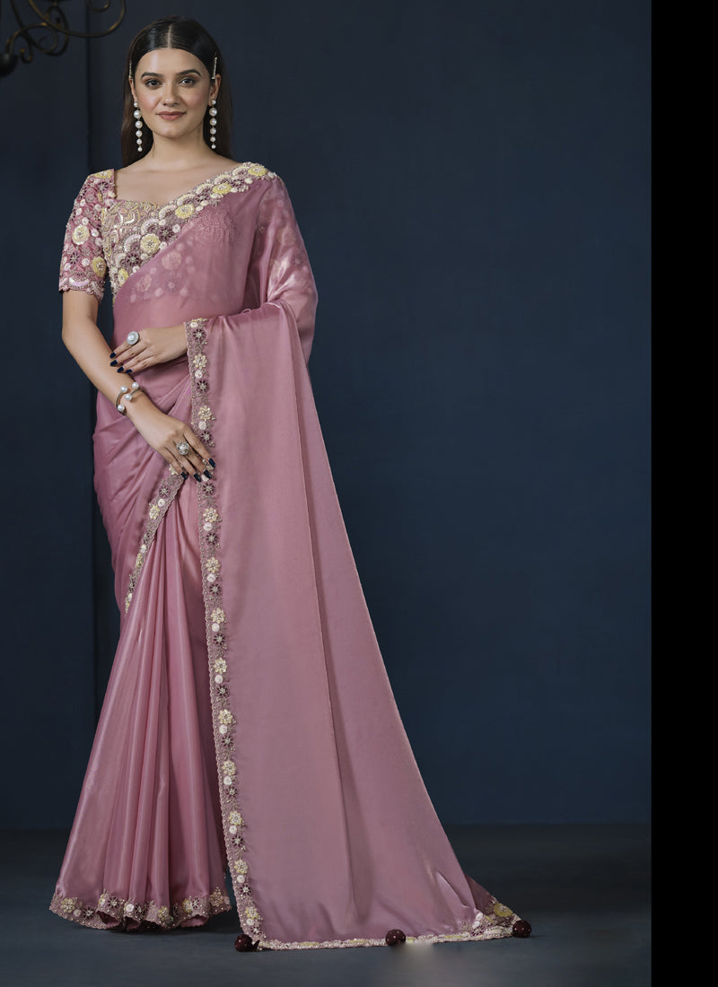 Onion Pink Crape Satin Silk Blouse Party Wear Saree