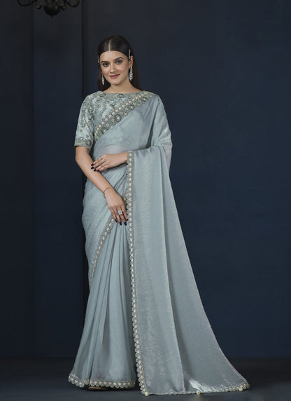 Light Sky Blue Two Tone Satin Silk Heavy Designer Blouse Party Wear Saree