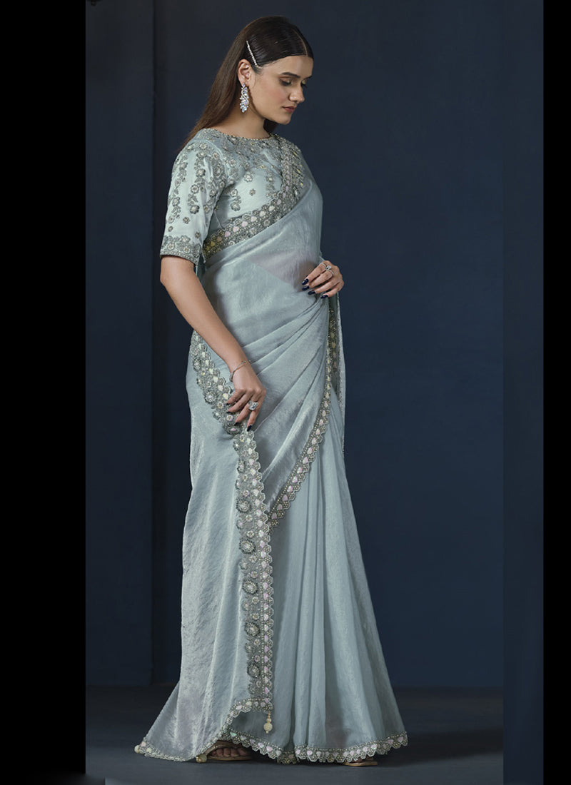 Light Sky Blue Two Tone Satin Silk Heavy Designer Blouse Party Wear Saree