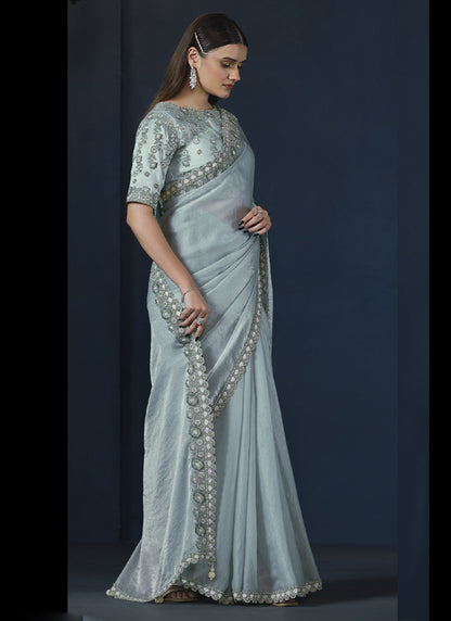 Light Sky Blue Two Tone Satin Silk Heavy Designer Blouse Party Wear Saree