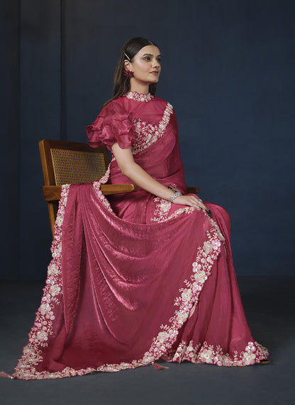 Maroon Two Tone Satin Silk Heavy Designer Blouse Party Wear Saree