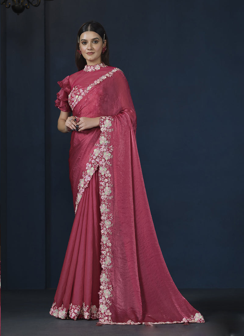 Maroon Two Tone Satin Silk Heavy Designer Blouse Party Wear Saree