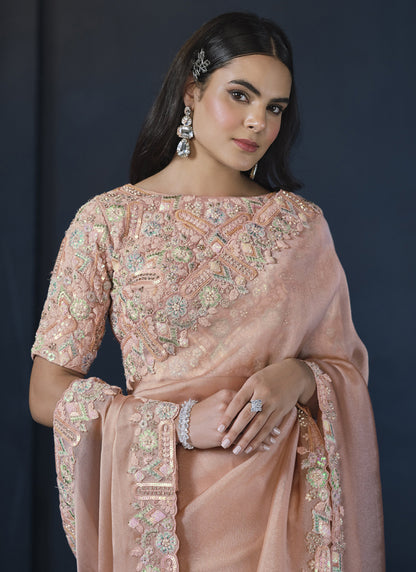 Peach Sequence Heavy Designer Blouse Party Wear Saree