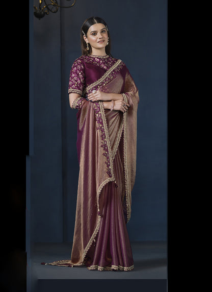 Shaded Burgundy Crape Satin Silk Designer Blouse Party Wear Saree