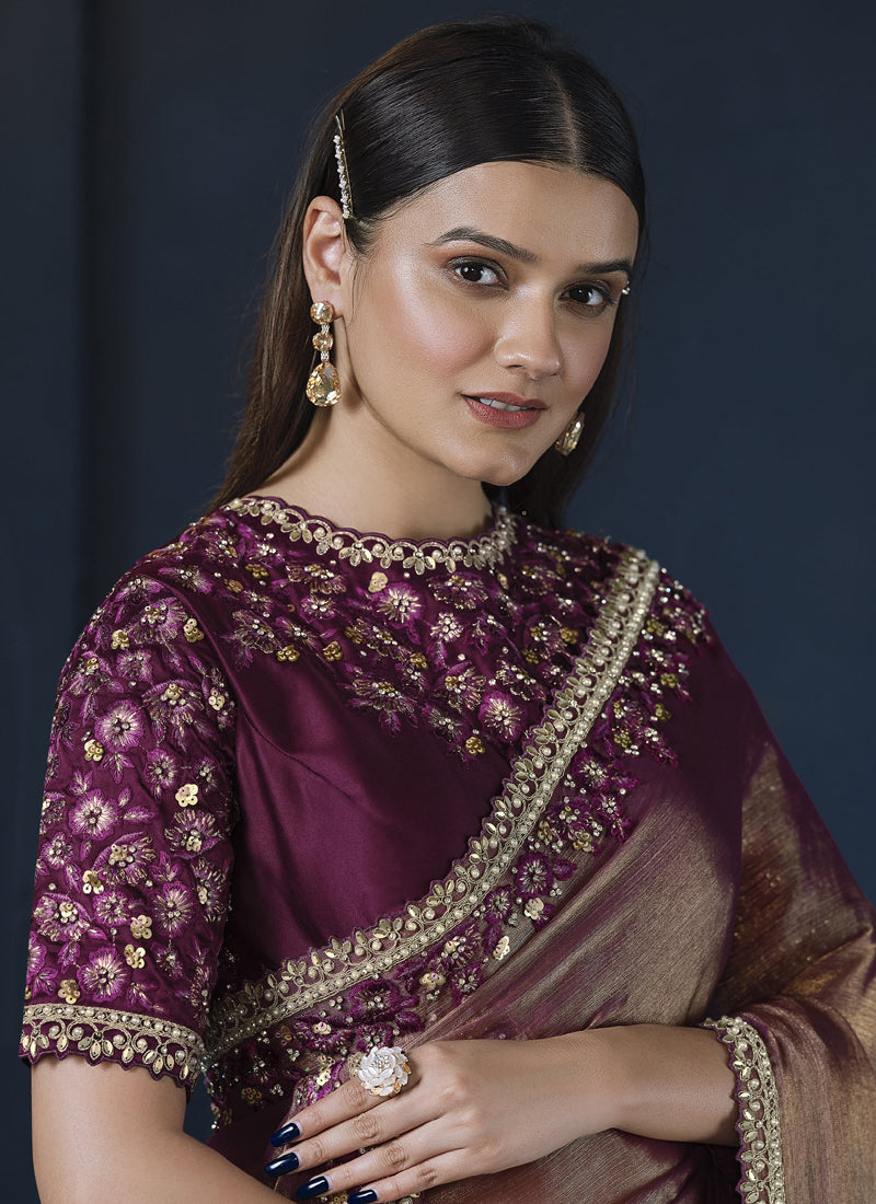 Shaded Burgundy Crape Satin Silk Designer Blouse Party Wear Saree