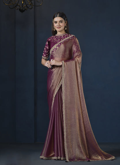 Shaded Burgundy Crape Satin Silk Designer Blouse Party Wear Saree