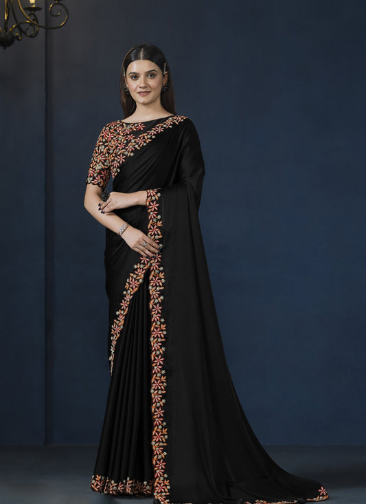 Black Satin Silk Designer Blouse Party Wear Saree