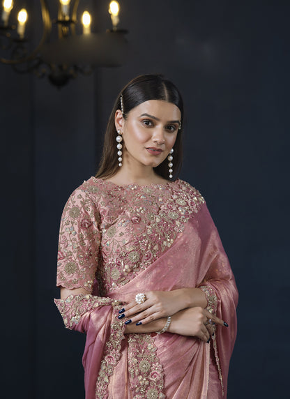 Onion Pink Shimmer Chiffon Heavy Designer Blouse Party Wear Saree