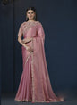 Onion Pink Shimmer Chiffon Heavy Designer Blouse Party Wear Saree