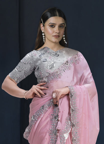 Baby Pink Tusser Silk Designer Blouse Party Wear Saree