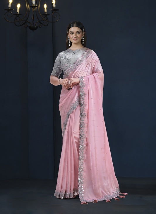 Baby Pink Tusser Silk Designer Blouse Party Wear Saree