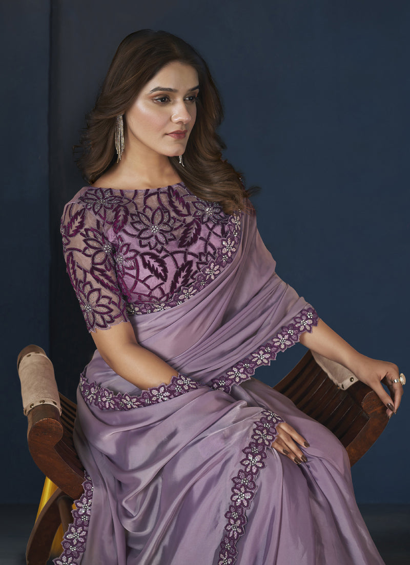 Dark Lavender Satin Silk Designer Blouse Party Wear Saree