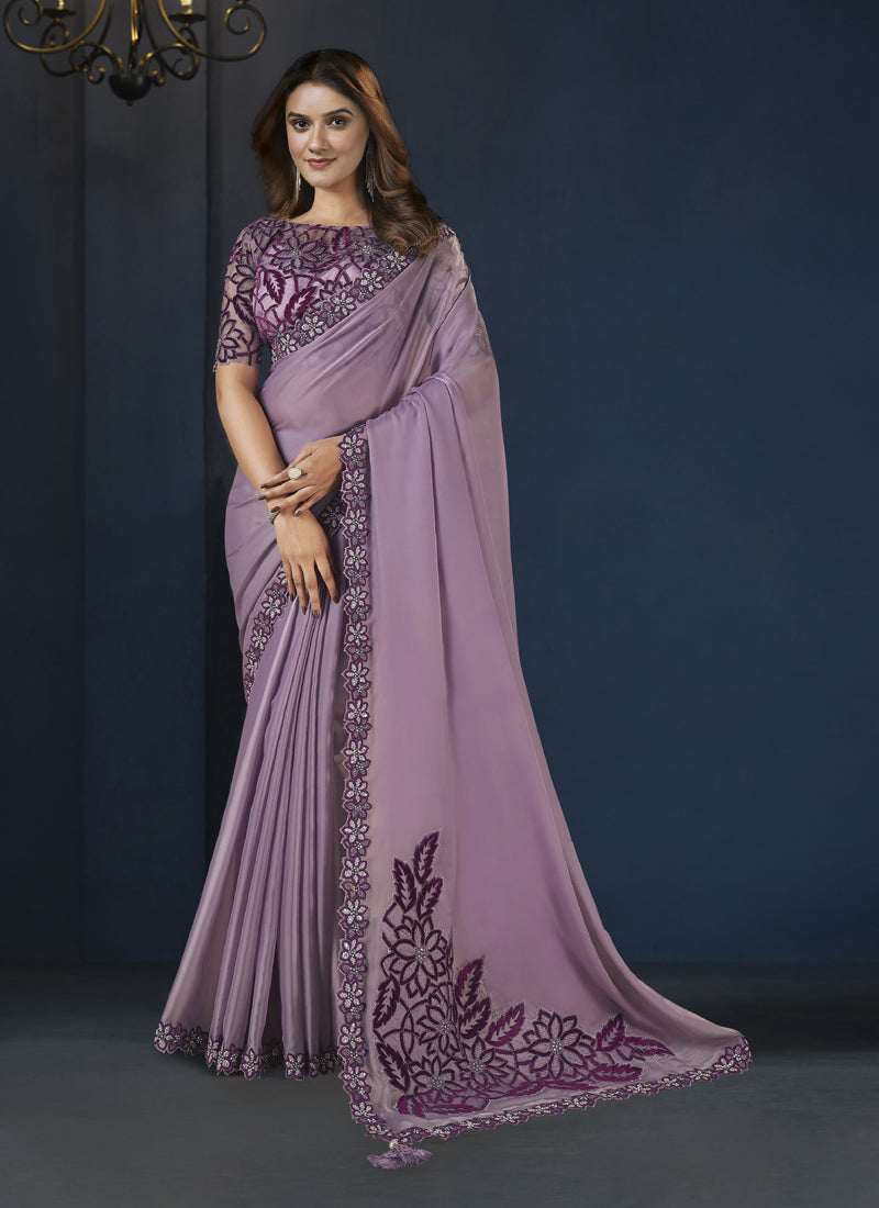 Dark Lavender Satin Silk Designer Blouse Party Wear Saree