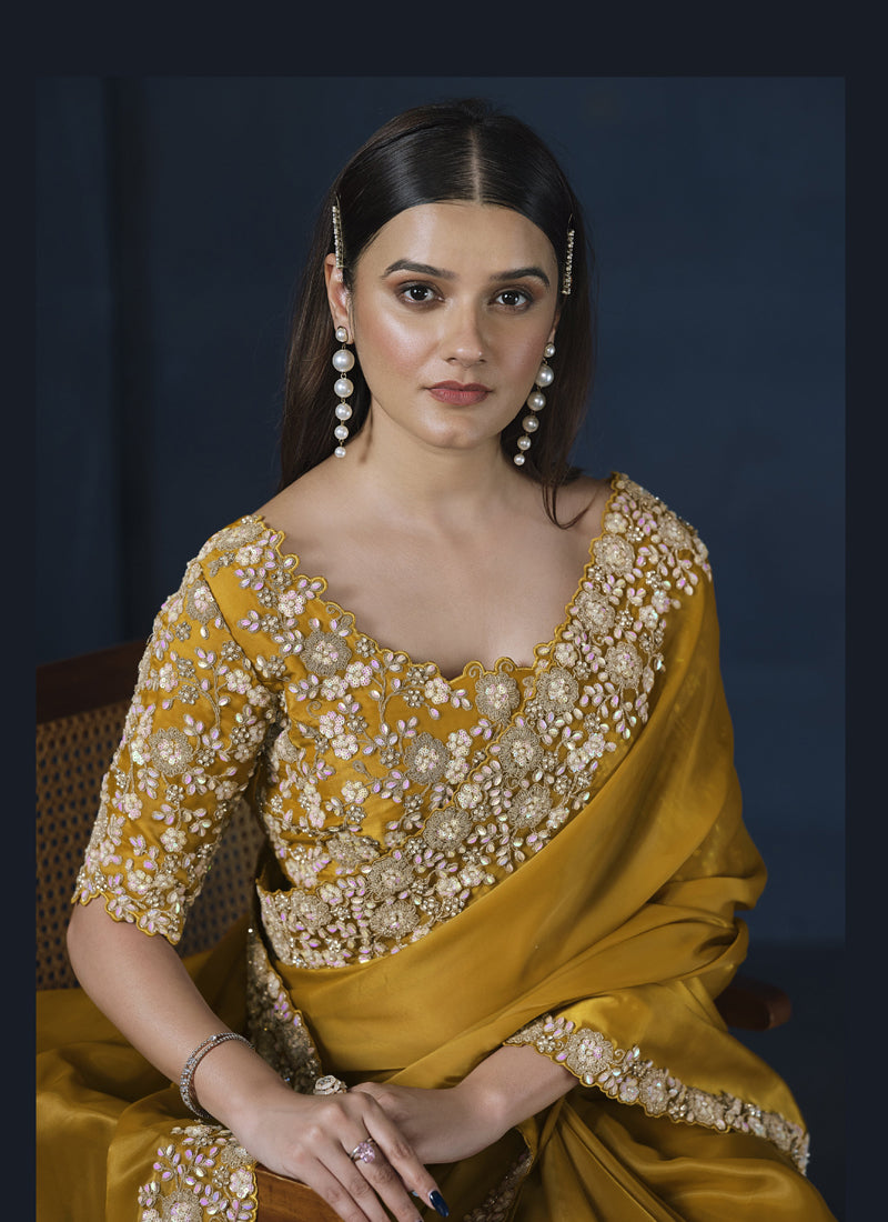 Mustard Satin Silk Cut Work Heavy Designer Blouse Party Wear Saree