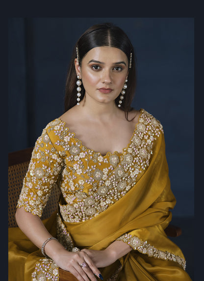 Mustard Satin Silk Cut Work Heavy Designer Blouse Party Wear Saree