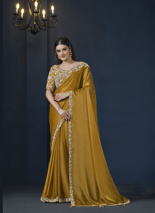 Mustard Satin Silk Cut Work Heavy Designer Blouse Party Wear Saree