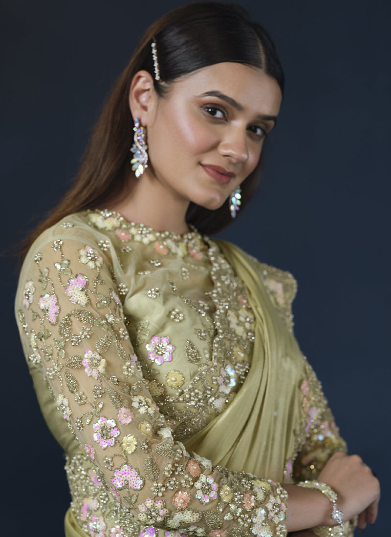 Light Olive Border Heavy Designer Blouse Party Wear Saree