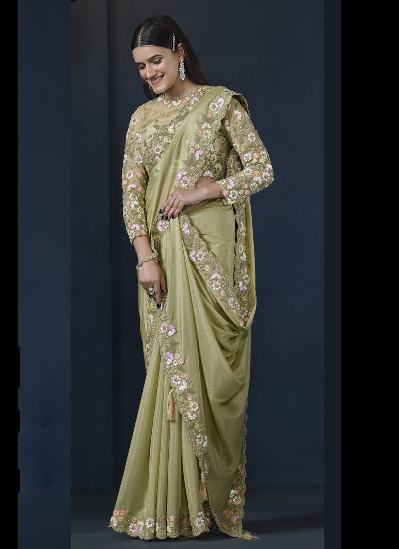 Light Olive Border Heavy Designer Blouse Party Wear Saree