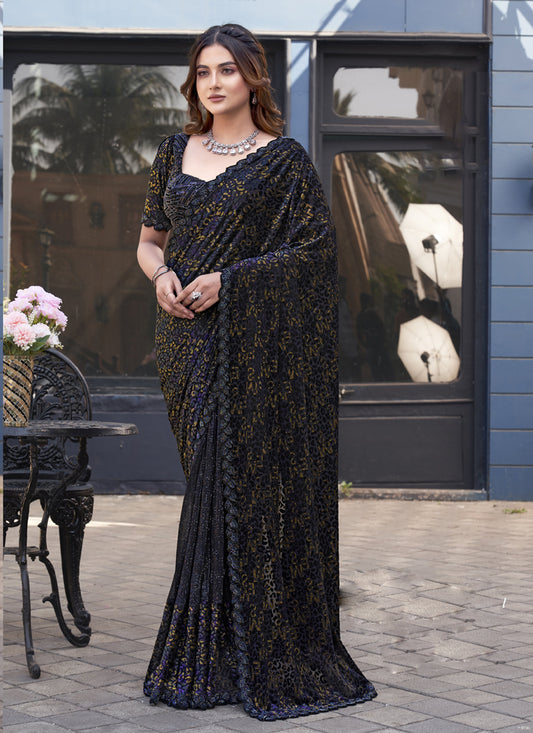 Navy Blue Velvet With Brasso Blouse One Minute Saree