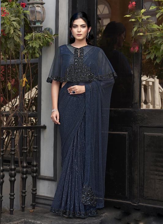 Navy Blue Net Heavy Designer Blouse One Minute Saree