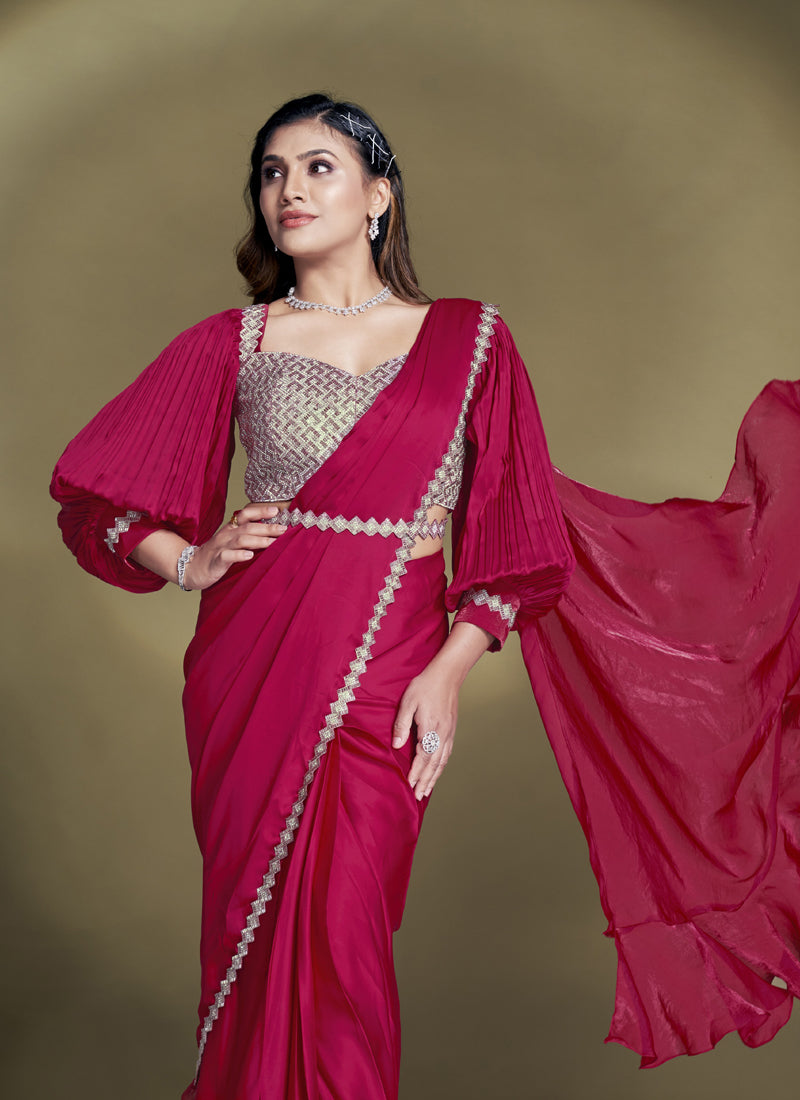 Blood Red Crape Satin Silk Designer Ready To Wear Saree