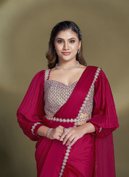 Blood Red Crape Satin Silk Designer Ready To Wear Saree