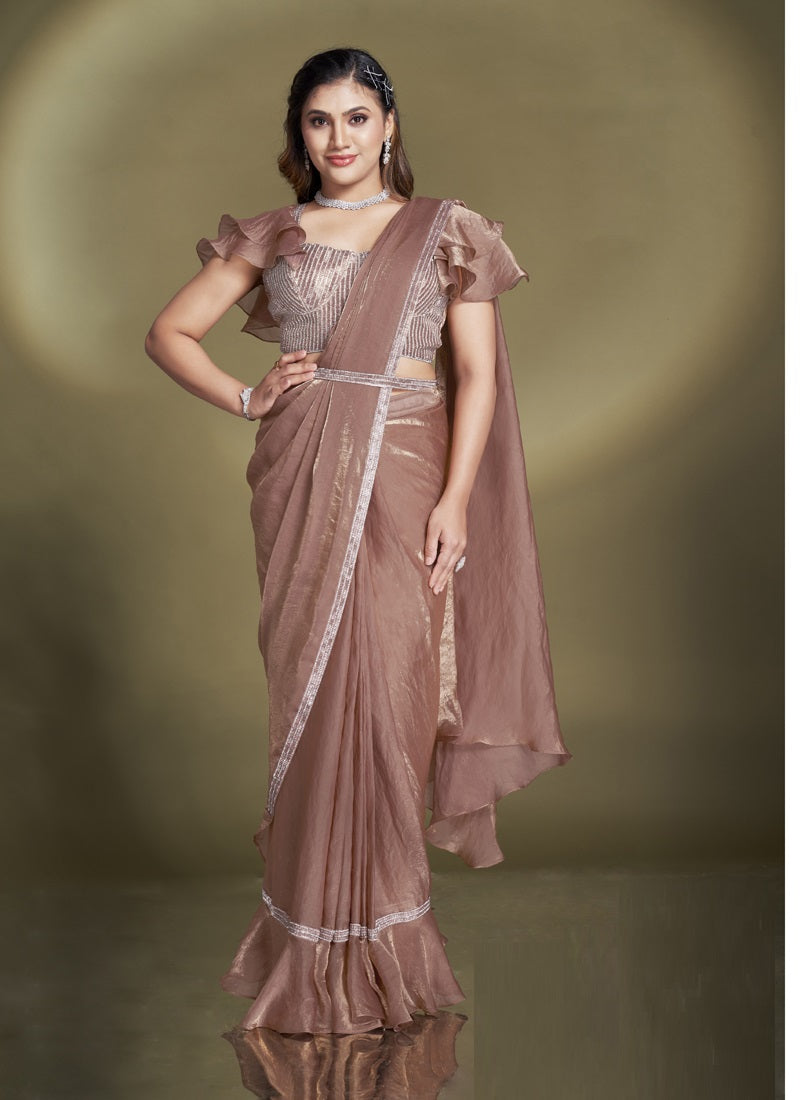 Coffee Two Tone Satin Silk Designer Ready To Wear Saree